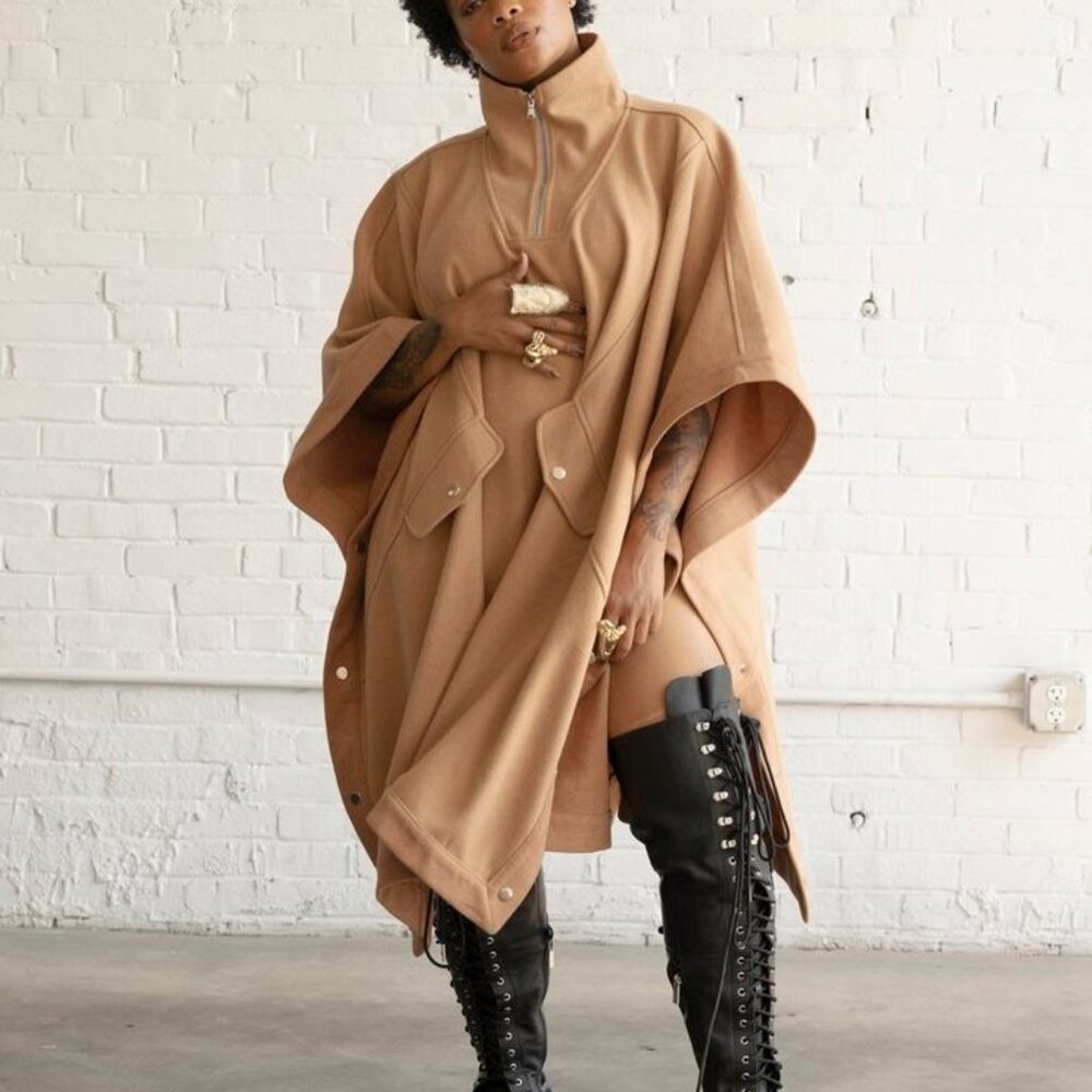 Camel Coat Poncho Cape Wool Blend Extra Large XL Tan Winter ICCON